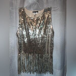 Zara Metallic Sequin Fringe Tank